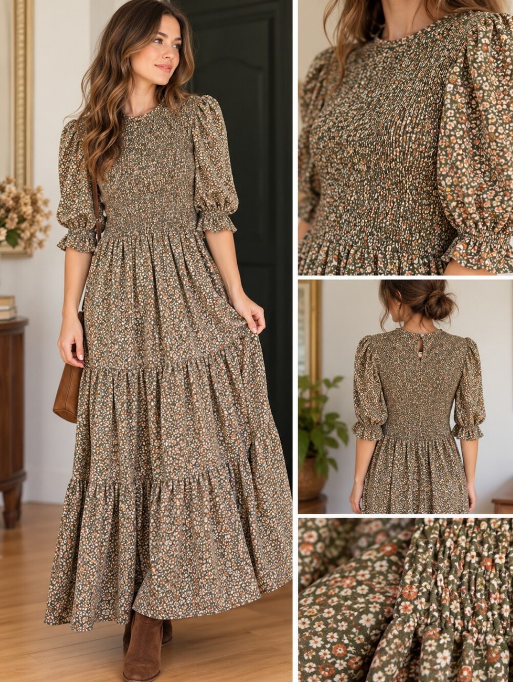 Olive Green Floral Smocked Maxi Dress Puff Sleeve Small